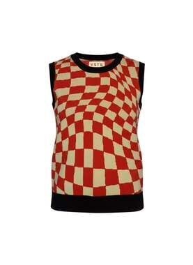 VSTR Premium Red and Beige Wavy Checkered Sweater Vest